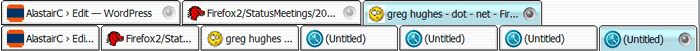 Cut together screen shot of firefox 2's tabs, showing the refinements such as close buttons and overlap.