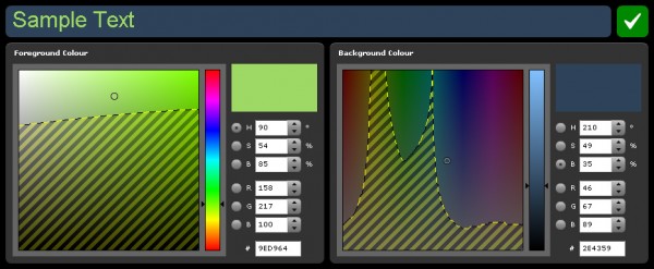 Screen shot of the Colour Contrast Visualiser, showing a foreground colour and accessible backgrounds to associate with it.