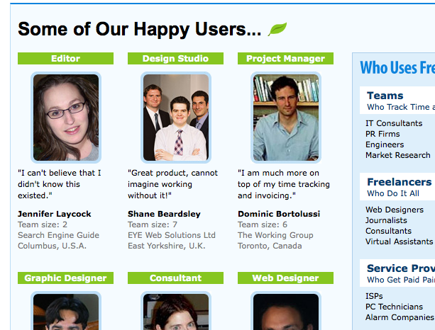 Freshbook's happy users screen grab. Freshbook's happy users screen grab.