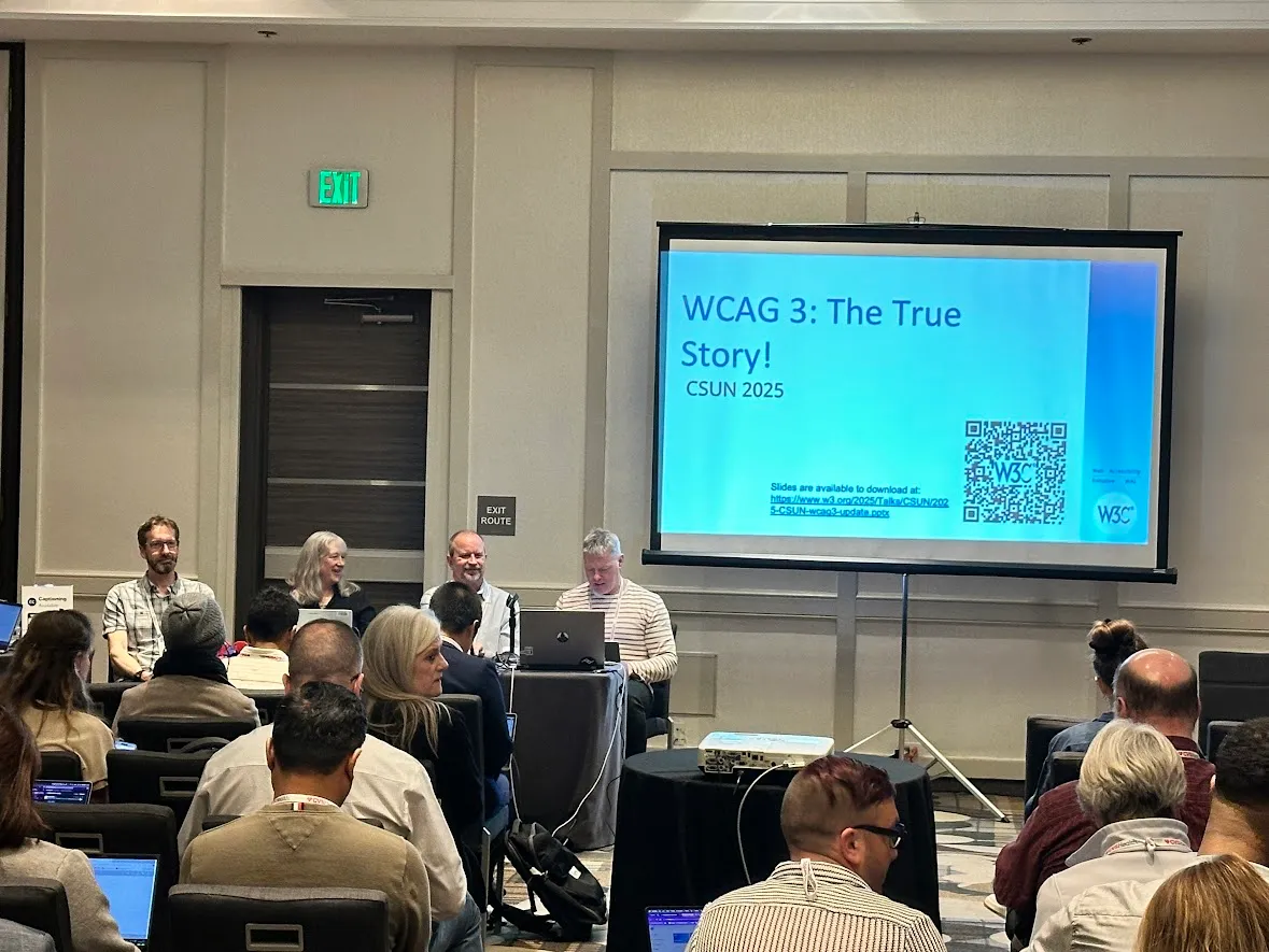 view from the back of a conference room with a projector displaying WCAG3 - the true story, and the co-chairs at the front.
