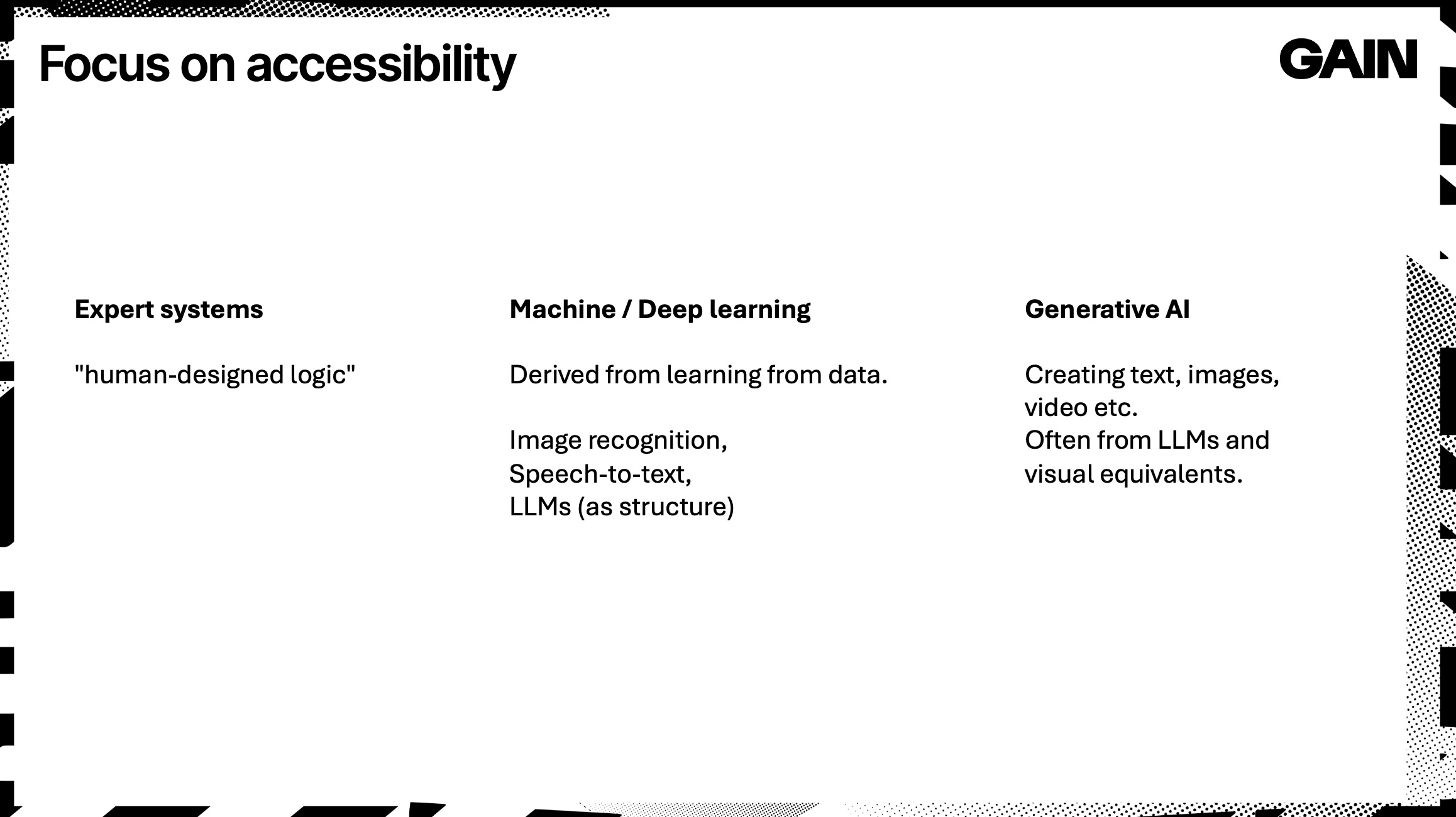 Three terms are left, Expert systems, Machine / Deep learning, Generative AI.