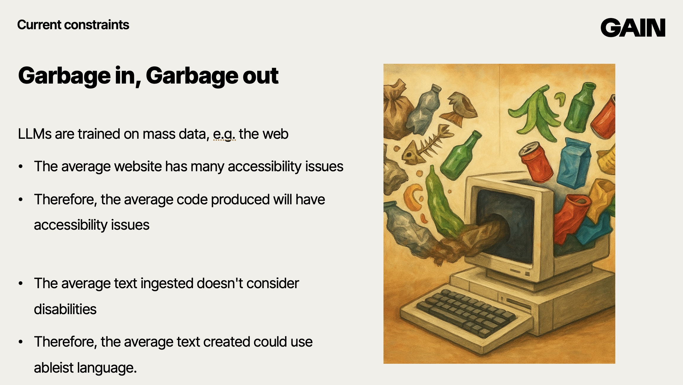 Hand-drawn style picture showing garbage flowing into and out of a computer.