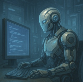 Painted style picture of a robot using a desktop computer.