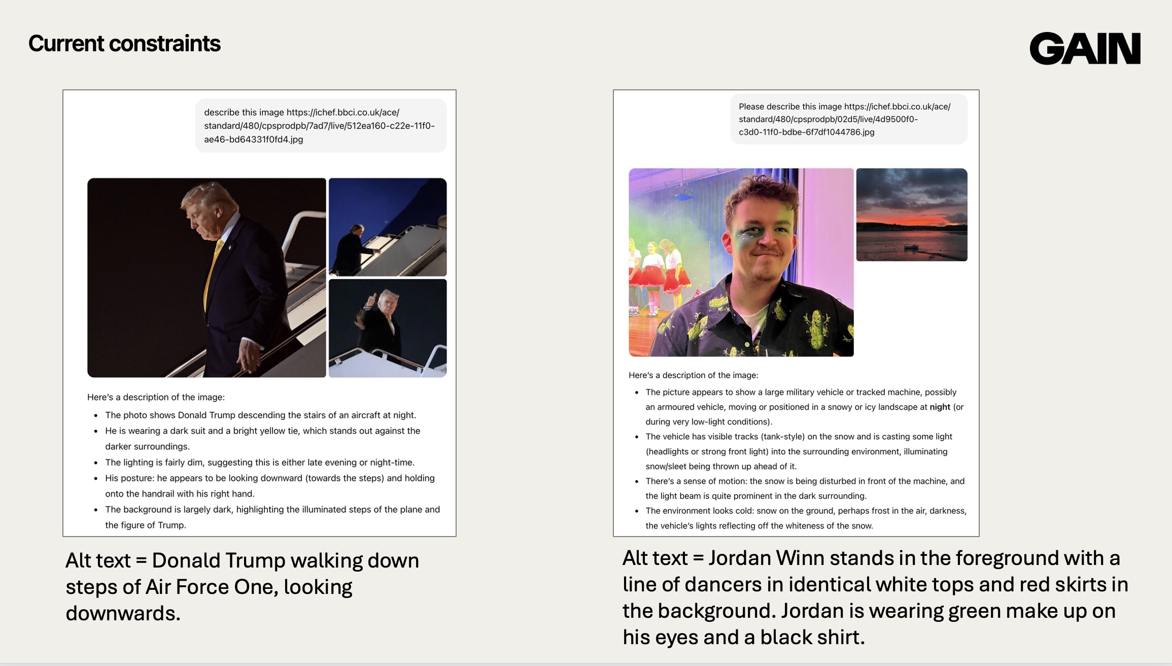 Two screenshots from ChatGPT showing how it described each image. One is Donald Trump walking down the steps from Airforce one. The other is of Jordan Winn standing in the foreground with a line of dancers in identical white tops and red skirts in the background.