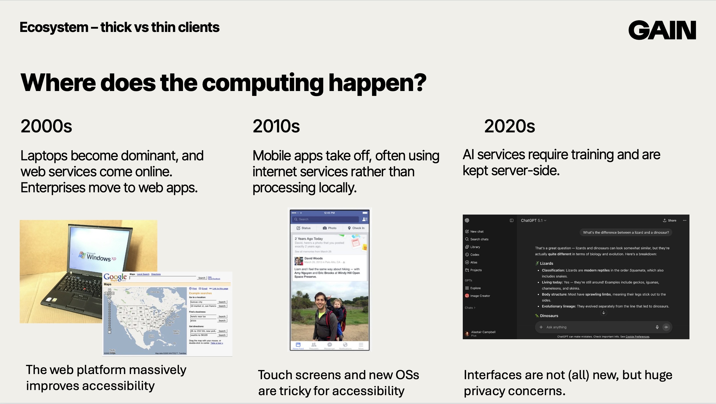 Three pictures, the first shows a Windows XP laptop and Google maps marked 2000s. The second shows Facebook on mobile, marked 2010s. The third shows a screenshot of ChatGPT marked 2020s.
