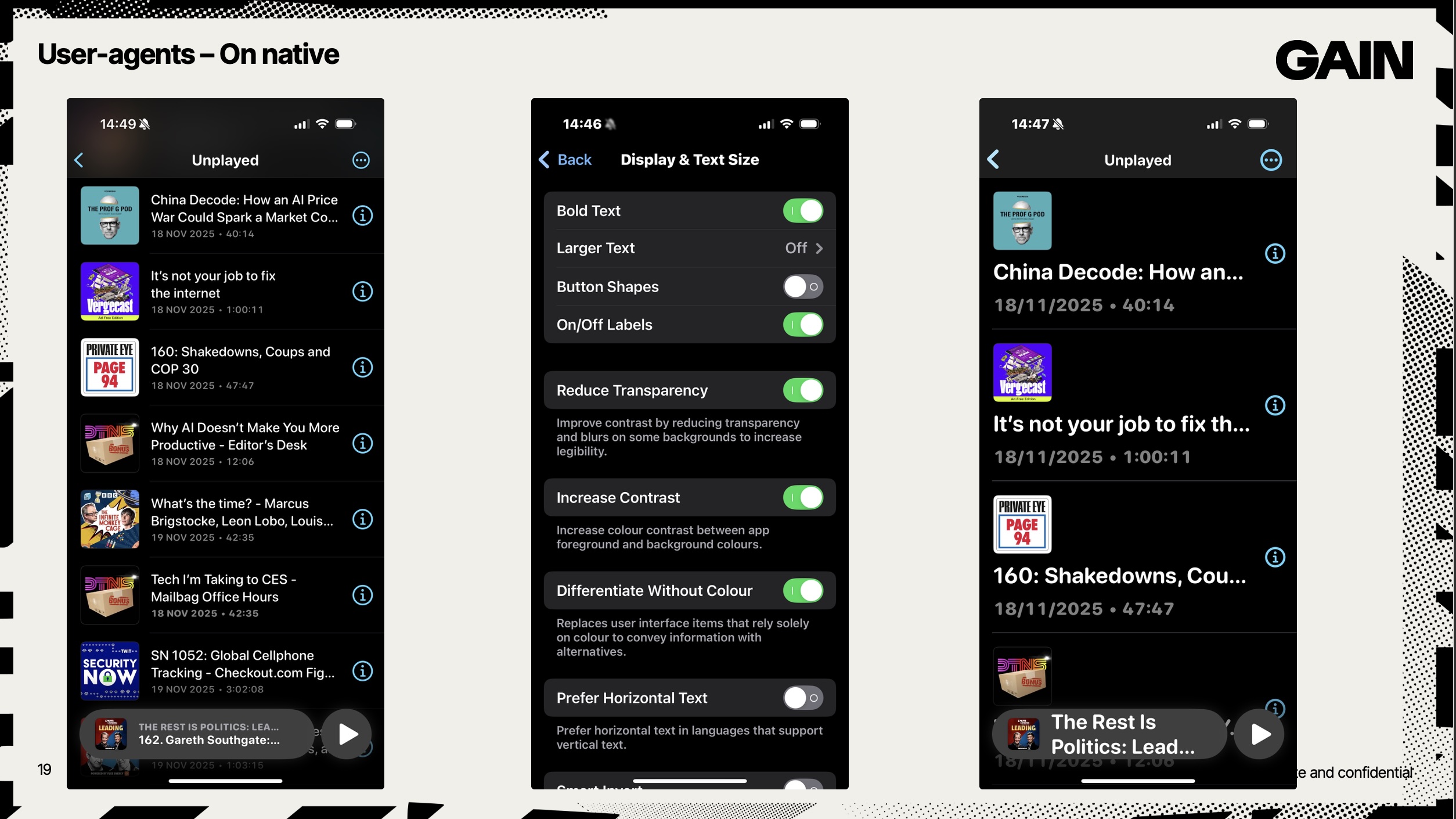 Three screenshots, the first is a listing in a podcast app. The second shows the 
