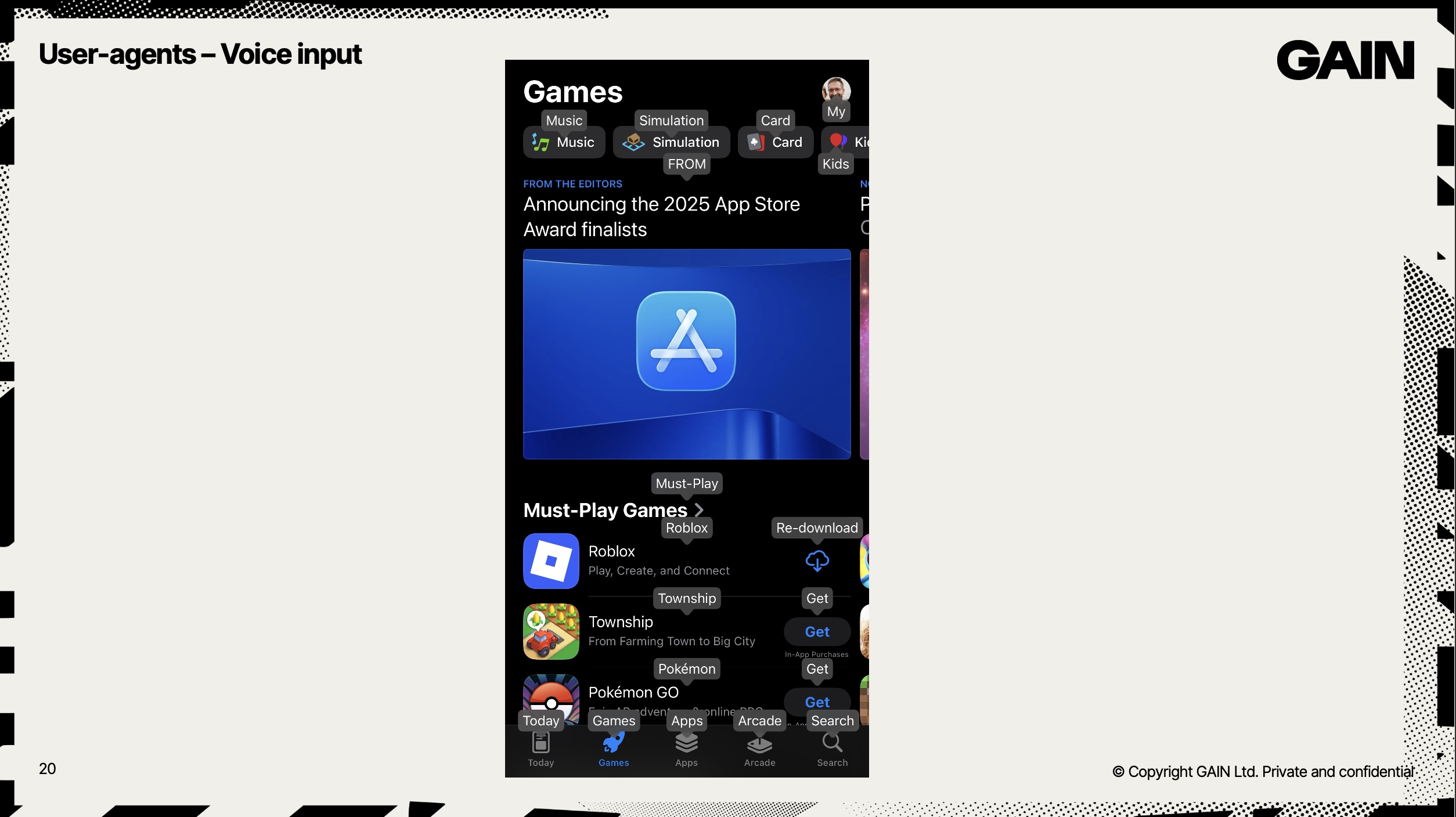 Screenshot of the App store in iOS, with Voice Control active and labels showing for each button.