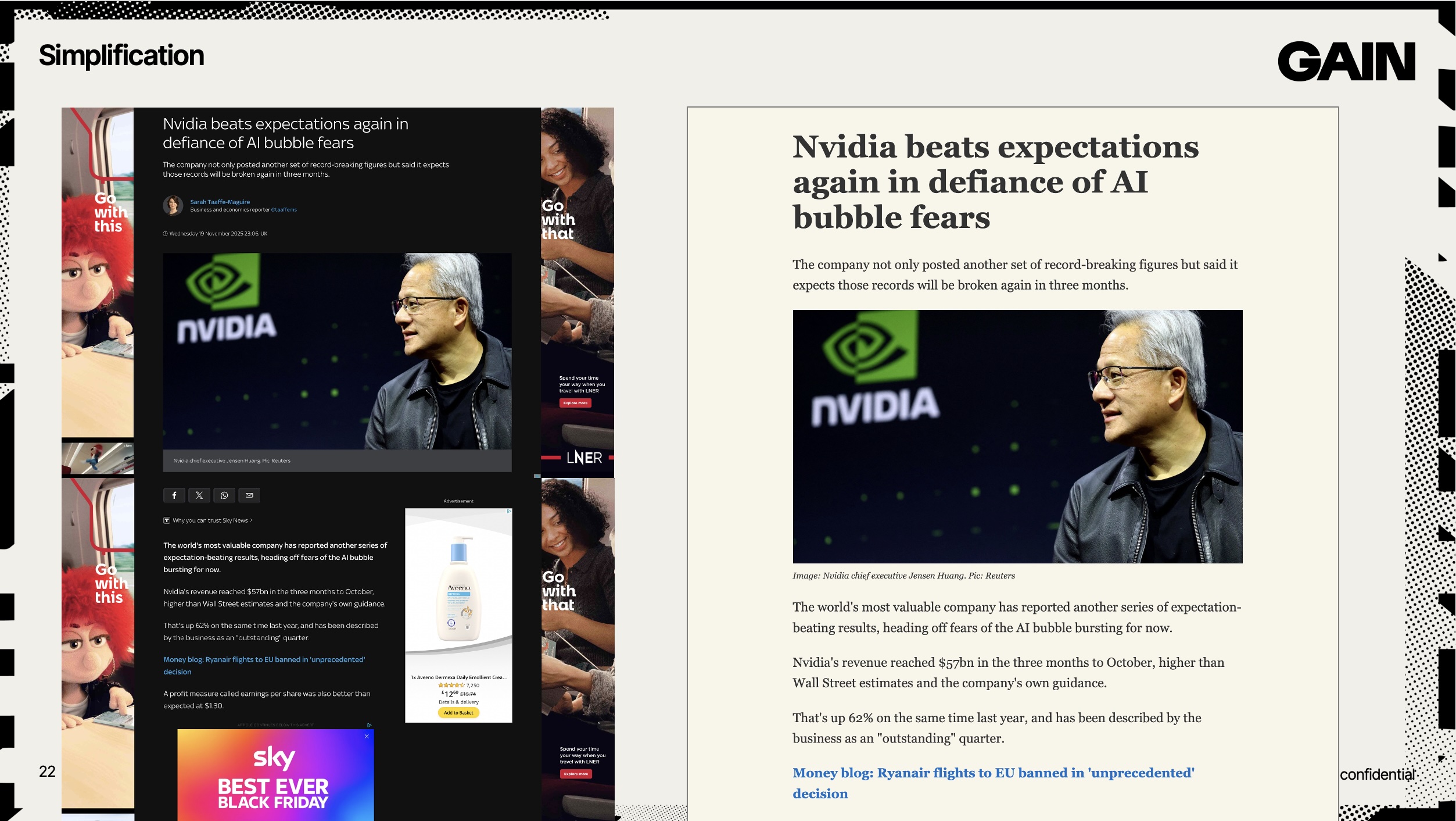 Two screenshots, one of a news article on Sky.com, with adverts down both sides, in the middle, and video content rolling. The second screenshot is of 'reader mode' for the same page, a plain article.