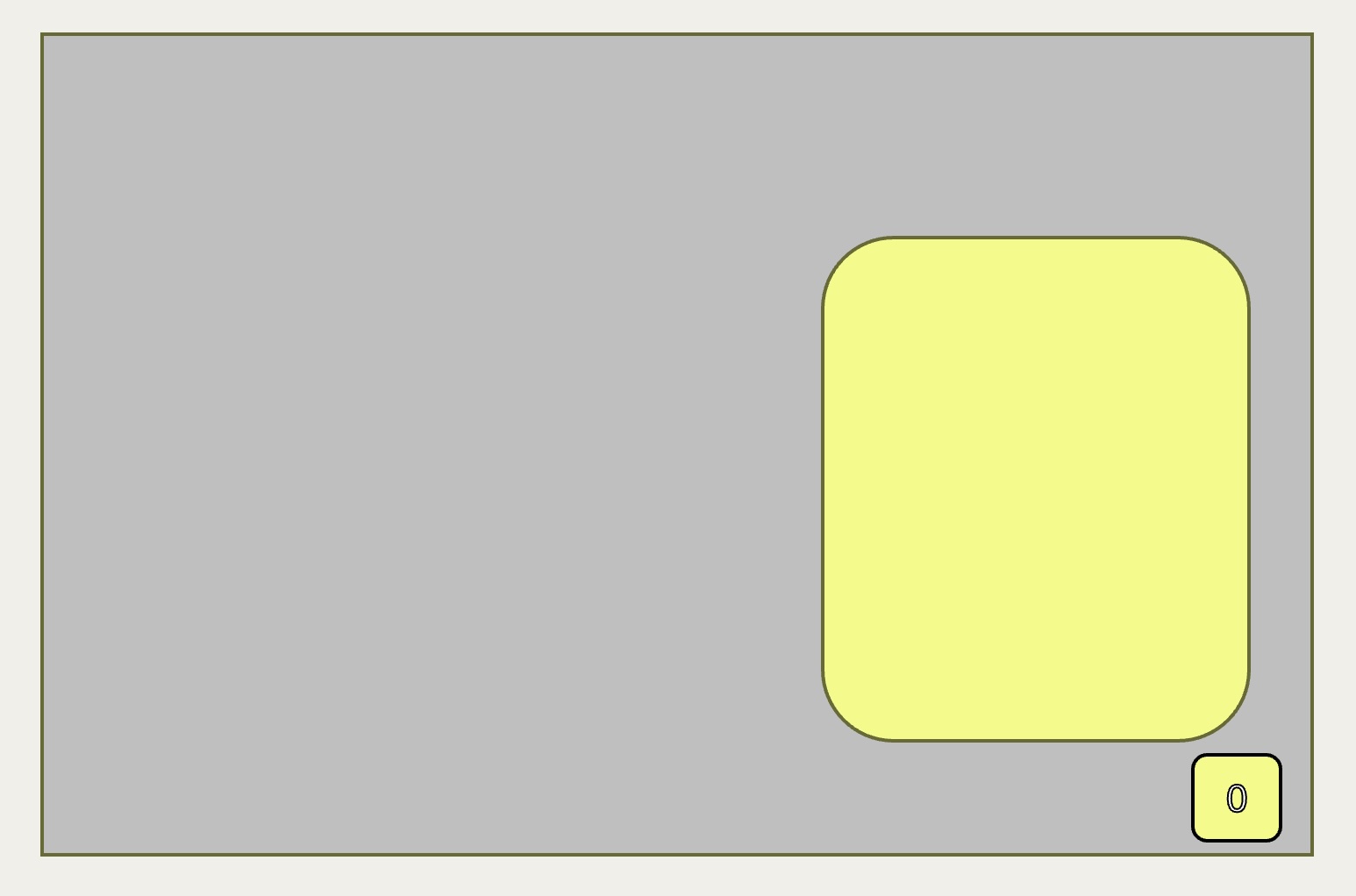 A basic wireframe with a large grey box, a yellow button, and a yellow box overlaid the grey box taking up about one third of the space.