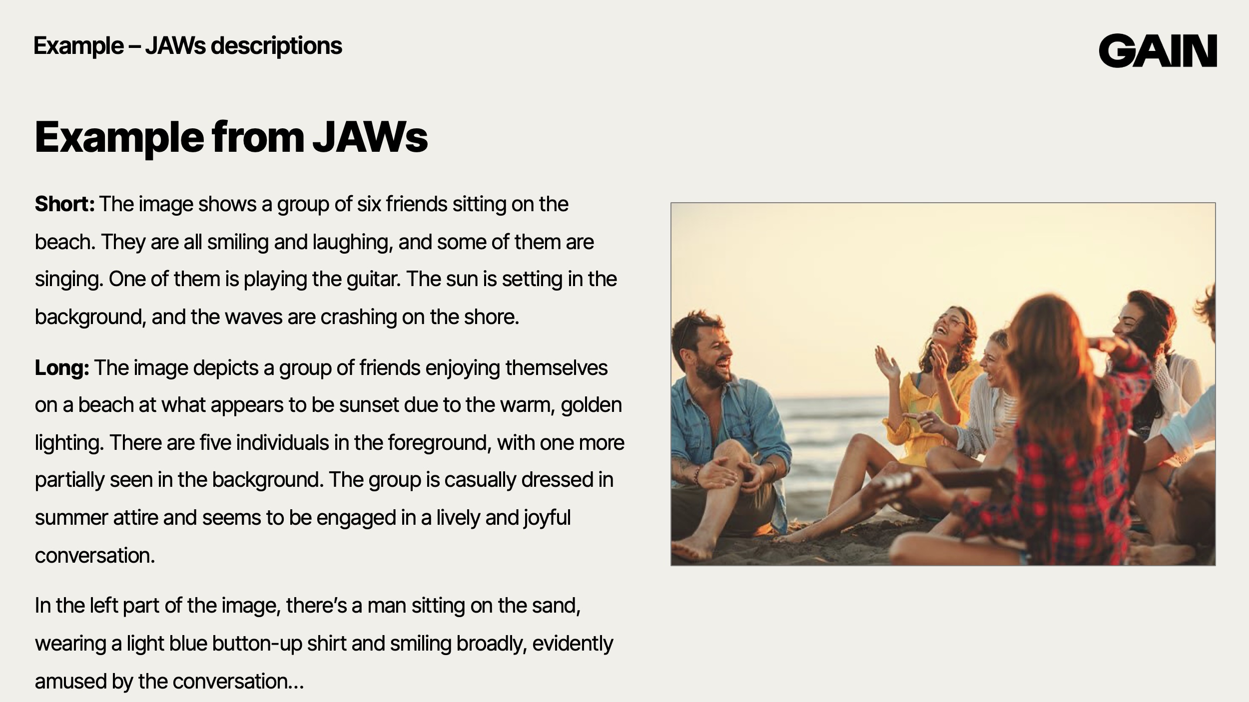 Picture of a group of friends laughing on the beach, and the automated description from Jaws.