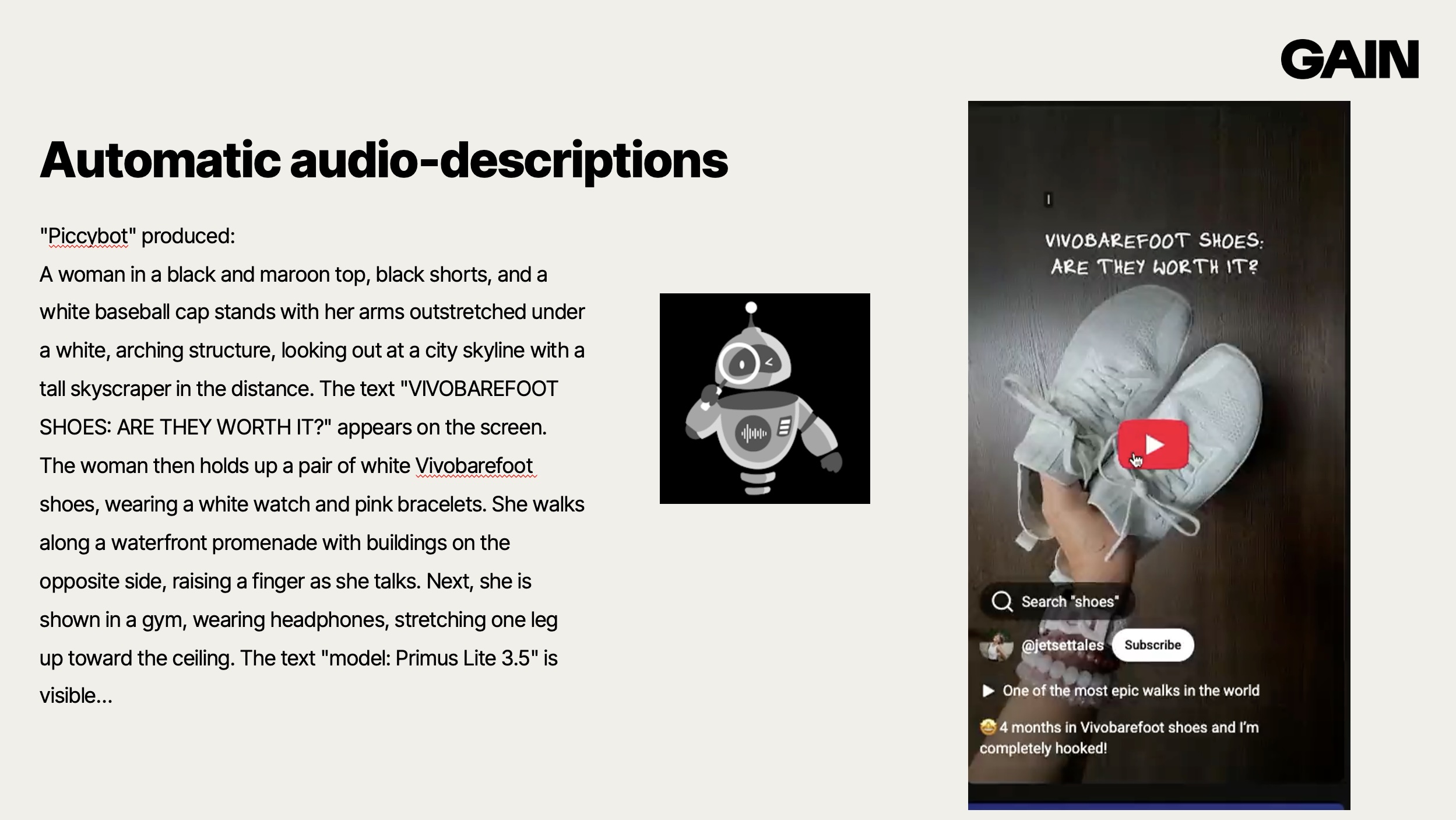 A screenshot of a video, and a long description from the Piccybot app.