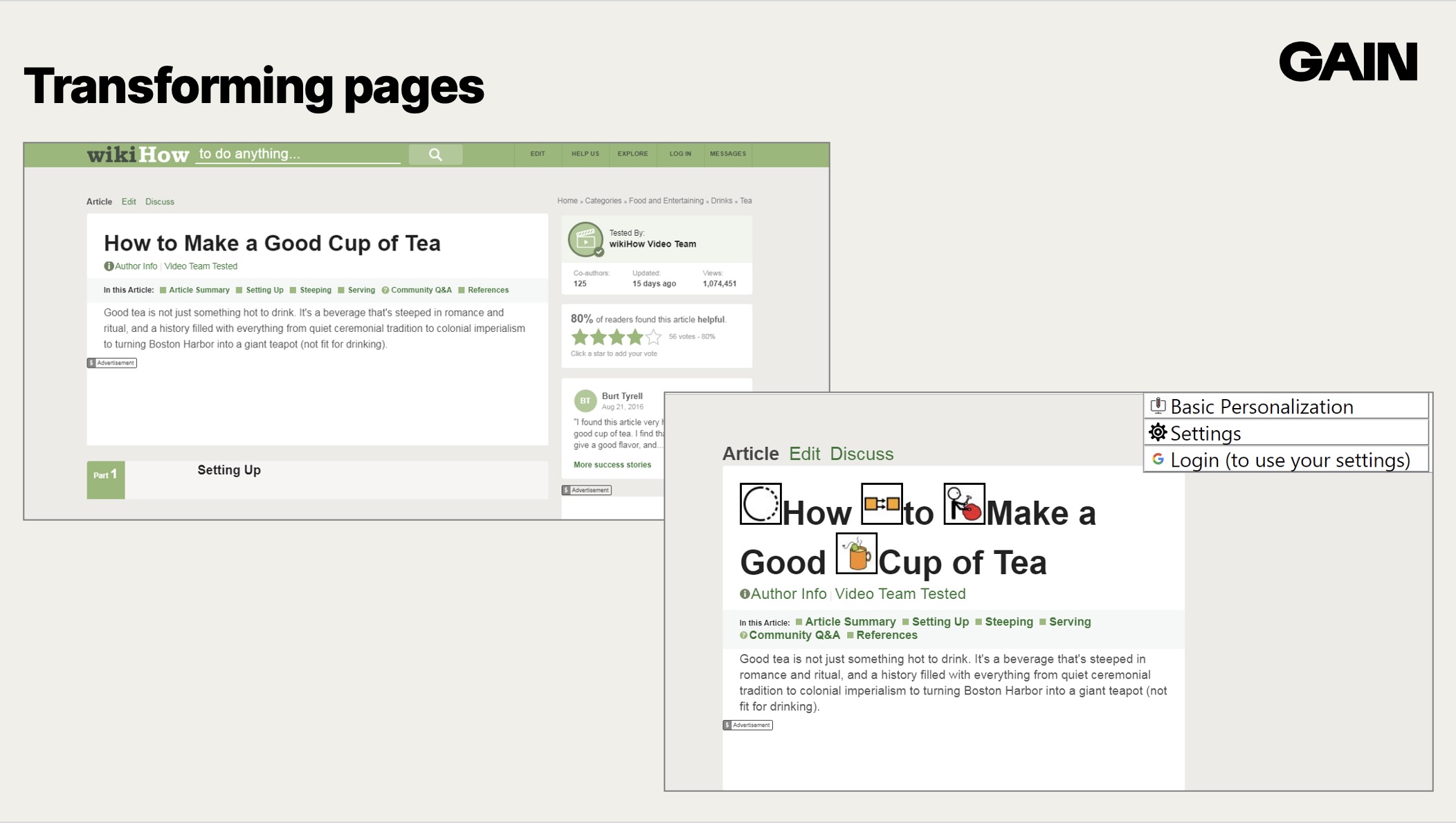 Two screenshots of a homepage, one includes lots of side-bar gumph, the other only shows the main content and included some custom icons with particular words.