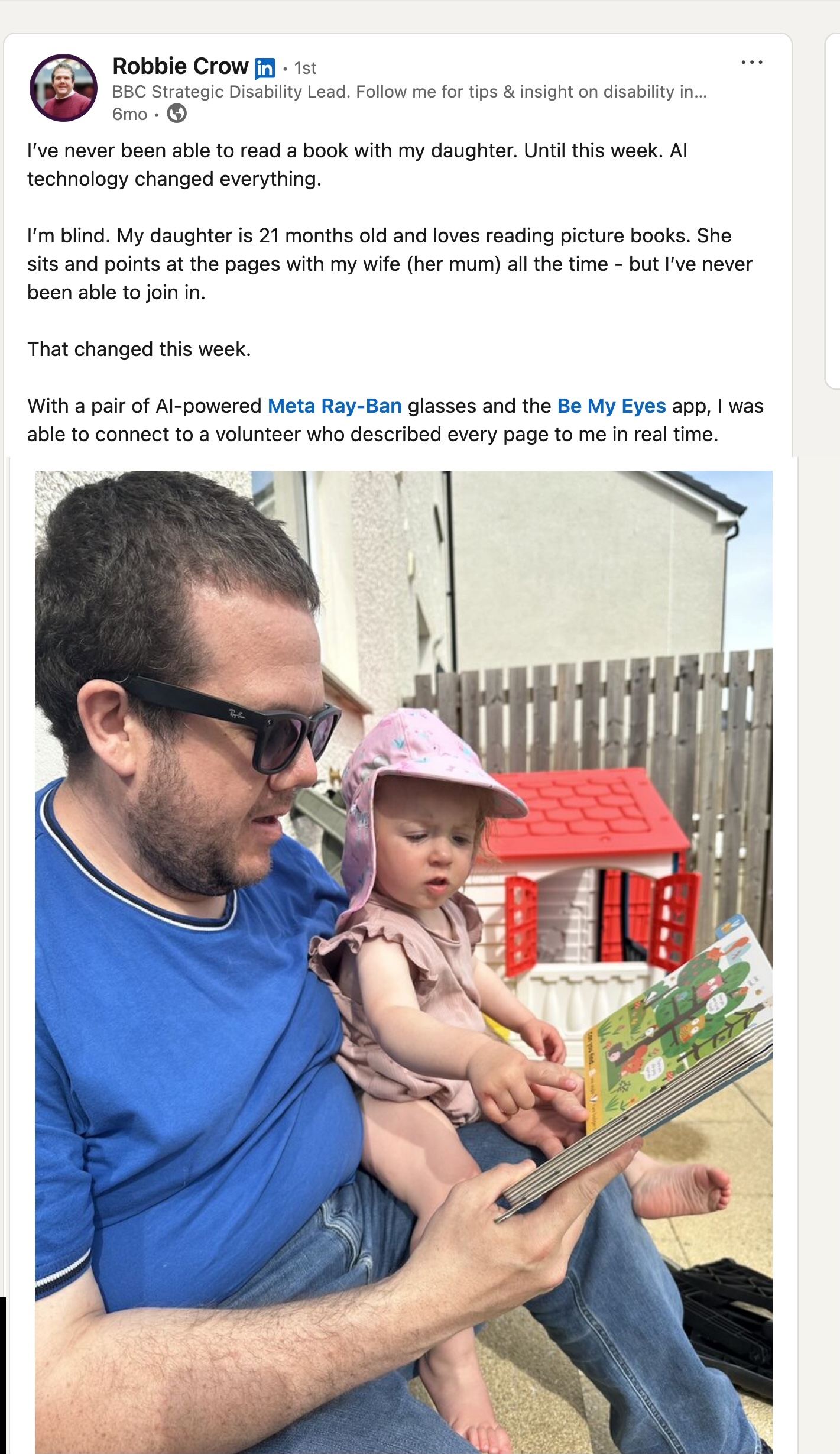 Linkedin post from Robbie Crow showing him reading to his very young daughter using Meta Glasses.