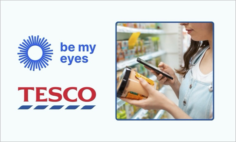 Tesco and 'Be My Eyes' logos next to a picture of someone in a shop scanning a product with their phone.