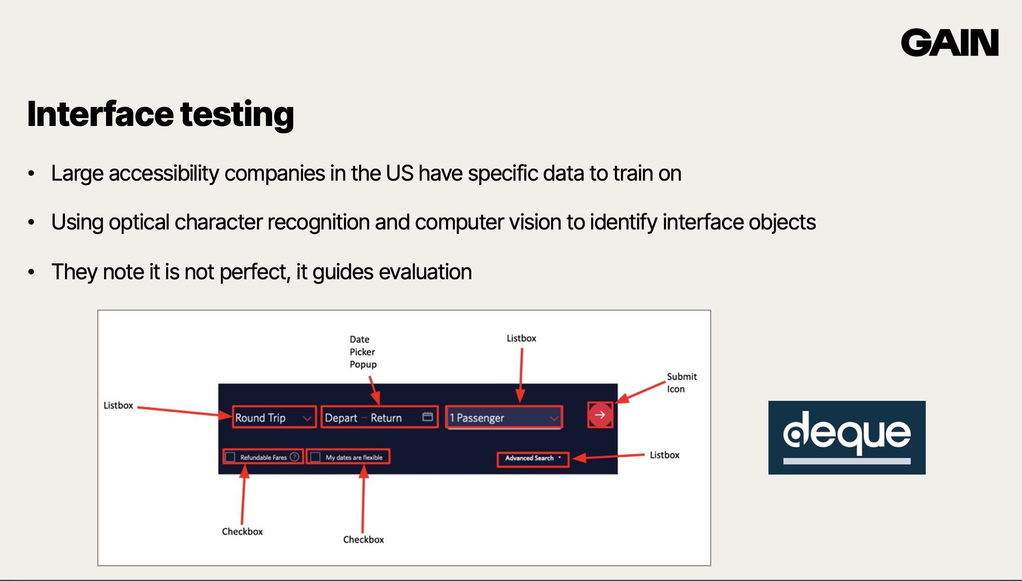 Screenshot of a flight checkout labelled by computer vision, showing what type of component it thought each was. Also there's a Deque logo added next to the screenshot.
