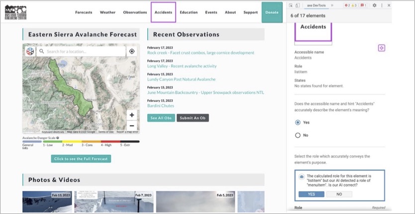 Screenshot of Eastern Sierra Avalanche Center labelled by ML, a particular navigation item is highlighted, and a panel shows on the right the helps the user evaluate the results.