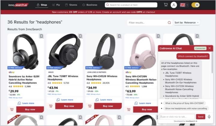 Screenshot of the of a product search listing from Innosearch, including an AI chat window on one side.