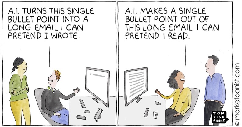 Comic with two panels. Panel one shows someone at a computer saying: A.I. turns this single bullet point into a long email I can pretend I wrote. The second panel shows someone else sitting at a computer saying: A.I. makes a single bullet point out of this long email I can pretend I read.