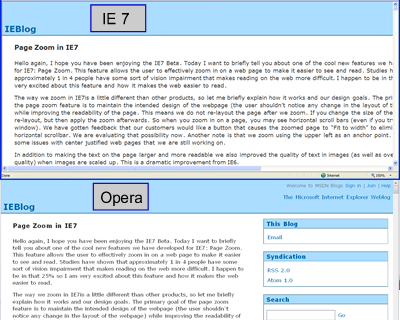 Two screen shots of the IE blog, the top one showing the site with massive horizontal scrolling, the second showing the site zoomed in but fitting within the window.