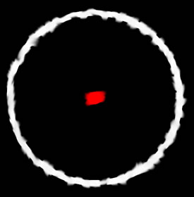 The view from the chair - a white circle around a red dot, slightly blurred.