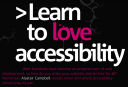 .net article front page, a very graphical "learn to love accessibility" title in pink and white on black.