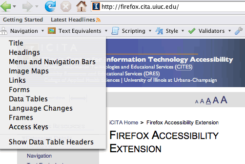 The firefox accessibility extension with the navigation menu selected, show items such as headings, menu & navigation bars, links, forms and tables.
