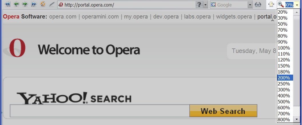 A portal site shown in the Opera browser at 200% size, where everything is increased, but fitted into the screen’s width.