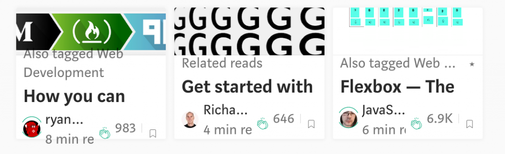 Screenshot from medium showing three related article boxes, the text size is increased and unreadable as the container doesn't expand.